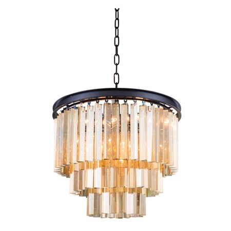 Elegant Lighting Sydney 9 light Matte Black Chandelier Golden Teak (Smoky) Royal Cut Cr 1201D20MB-GT/RC